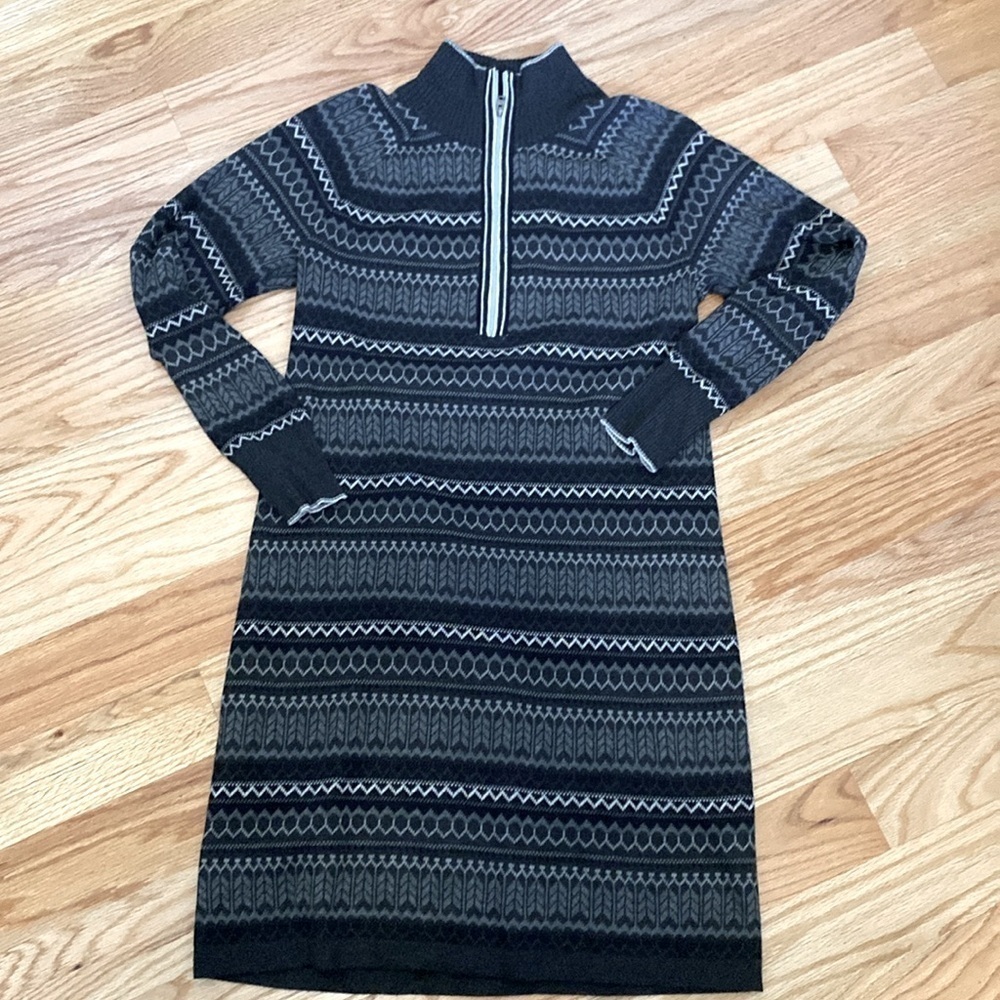Eddie Bauer Knit Sweater Dress Womens M Quarter Zip Gray Winter Fair isle Nordic